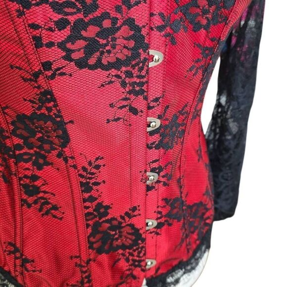 Women's Size 2XL Red Black 3/4 Lace Sleeves Renaissance Hook Close Corset Top - Picture 3 of 6